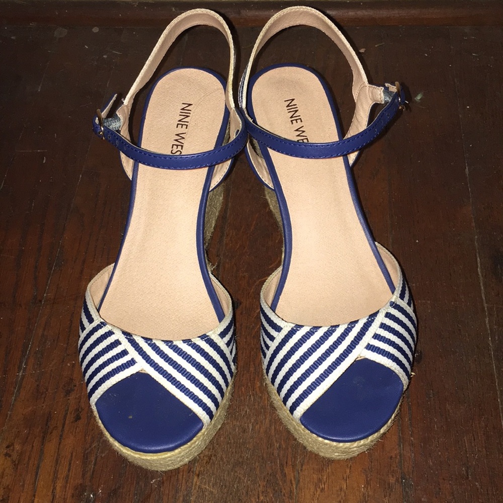 Nine West Blue and white striped strappy wedges